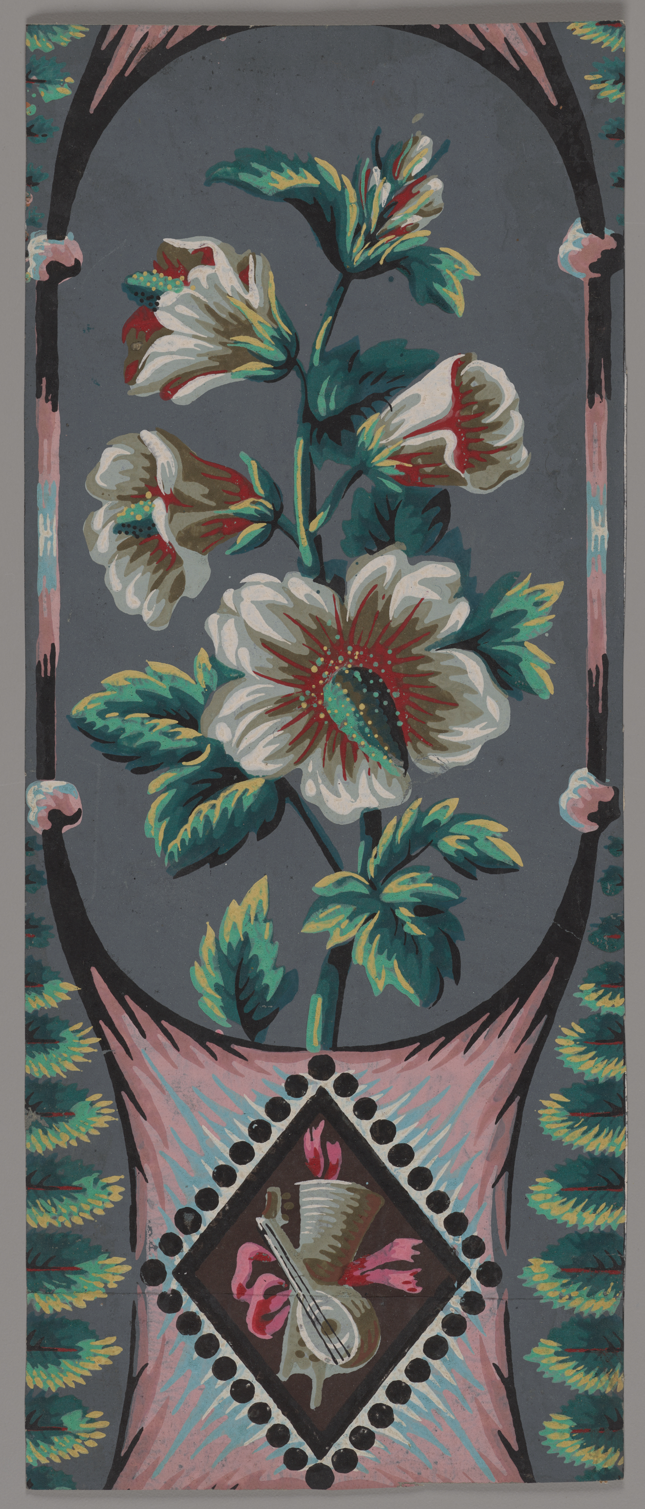 White and red flowers with leafy stalks growing out of a pink and black basket with a diamond shape medallion depicting instruments. Bordered by leaves with a gray backdrop.