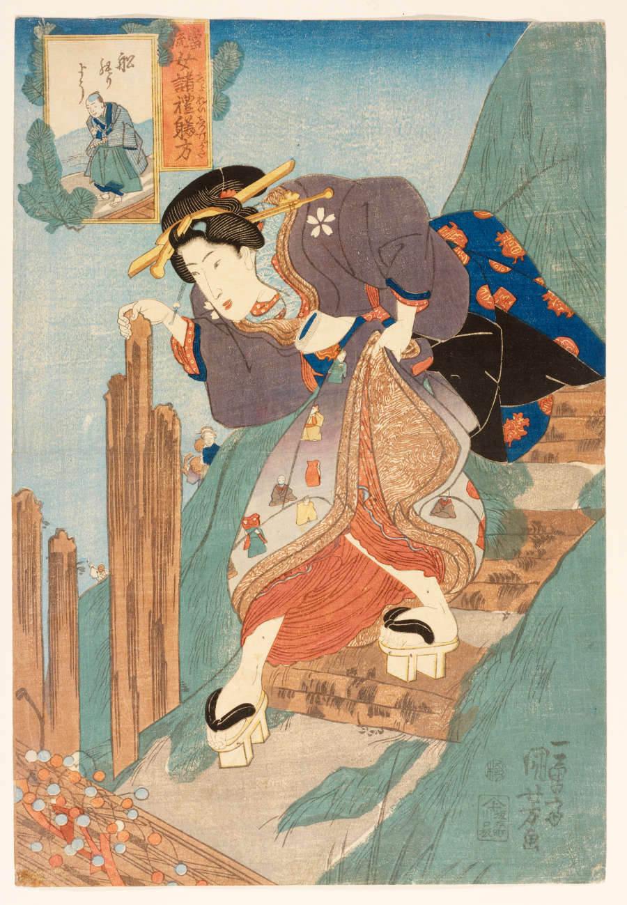 Traditional Japanese woodblock print of a woman in a kimono carefully going down a steep mountain path. 