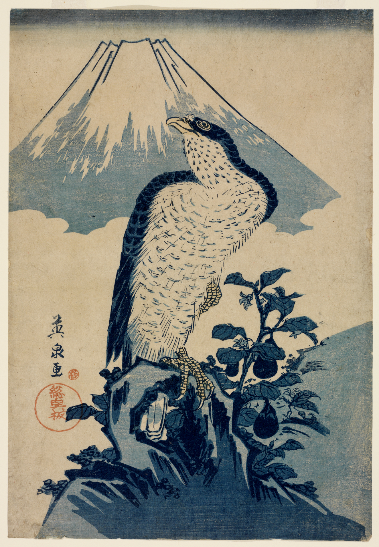 In blue tones, a perched hawk gazing skyward from a rock framed by shrubs and calligraphy with a snow-capped Mount Fuji in the background.