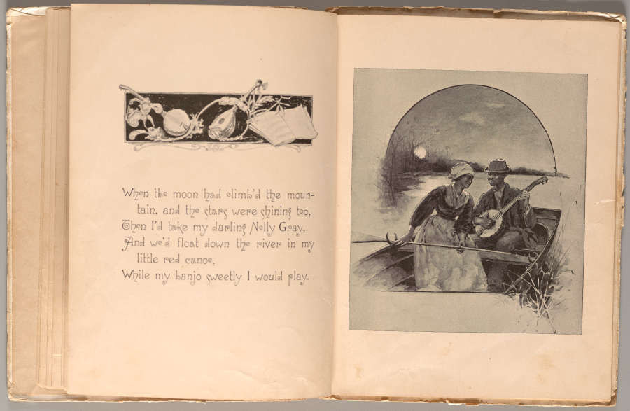 An aged open book with a small illustration featuring instruments among vines above a poetic verse and a larger illustration of a couple in a boat on the right.