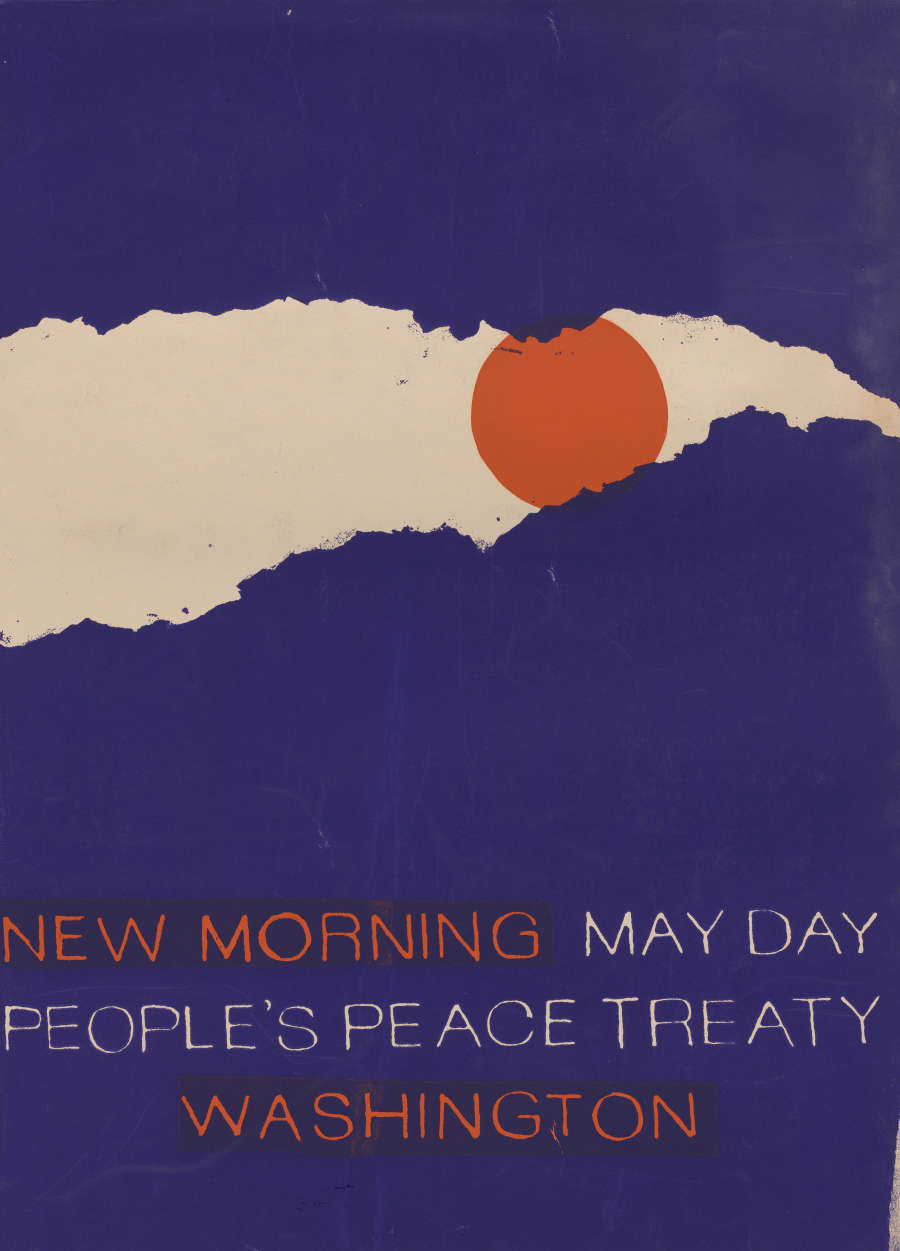 A silkscreen print of a sunrise over a mountaintop. The sun is placed between two blue shapes to resemble an eye. Bottom text reads: New Morning May Day, People’s Peace Treaty, Washington”