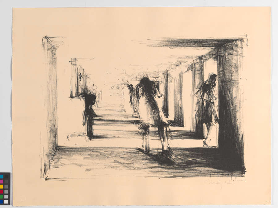 Etching of people walking through a seemingly endless corridor, created by repetitive doorways and shadows. A hunched figure dominates the frame while the silhouette of another figure at left watches.