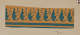 Vertical strip depicting decorative border design in yellow on a neutral backdrop. Featuring a teal pattern of repeating leaf shapes with small clusters of points between them above horizontal stripes.