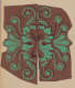Ornamental designs on a brown backdrop across two cutouts depicting green curving petals extending from  swirling leaves which flow out from the center symmetrically with thin dark brown accents.