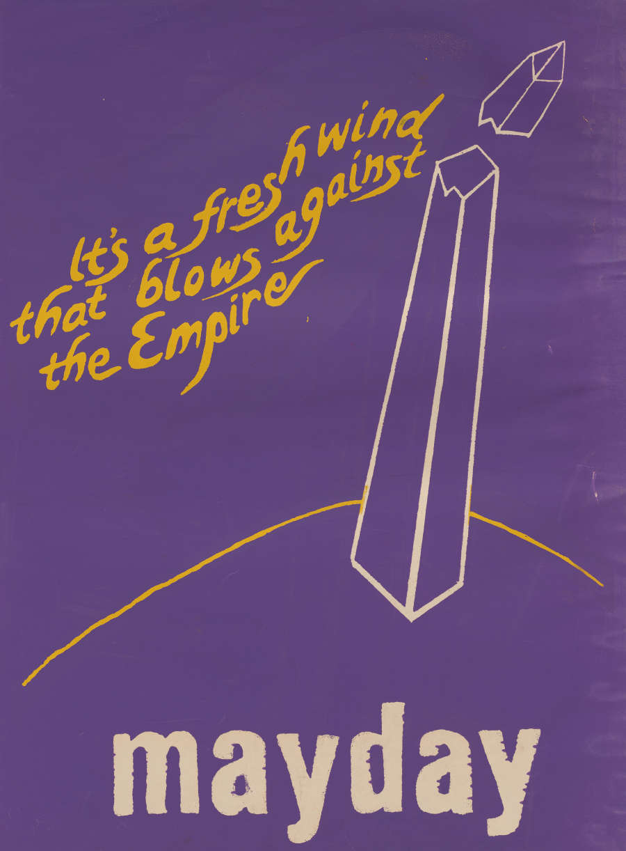 A purple print of a tall rectangular pyramid with the top pointed edge broken off. There is yellow text to the left of it that reads: “It’s a fresh wind that blows against the Empire”. On the bottom, text reads: “mayday”.