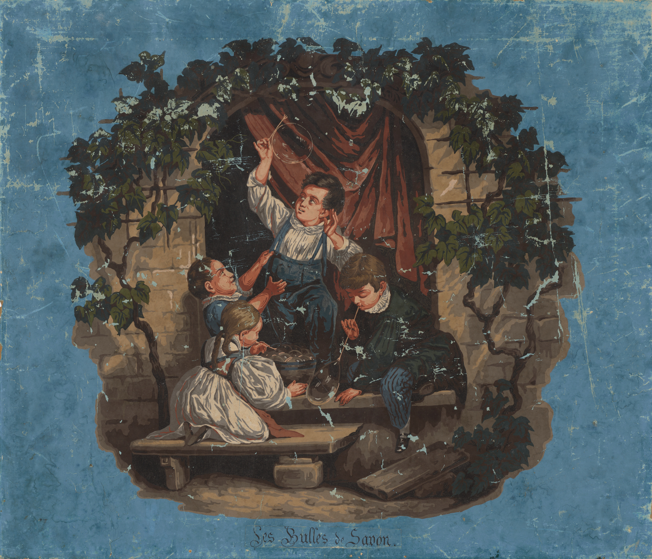Aged print of four children, three holding straws making bubbles and one without, outside a stone curtained archway, surrounded by small trees and a blue background with text underneath reading “les bulles de savon”
