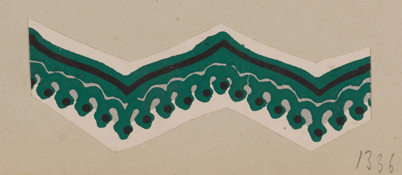 Green zig-zag border on a neutral backdrop featuring a pattern of black and white wavy lines and a bottom edge made up of repeated teardrop shapes accented with black dots.