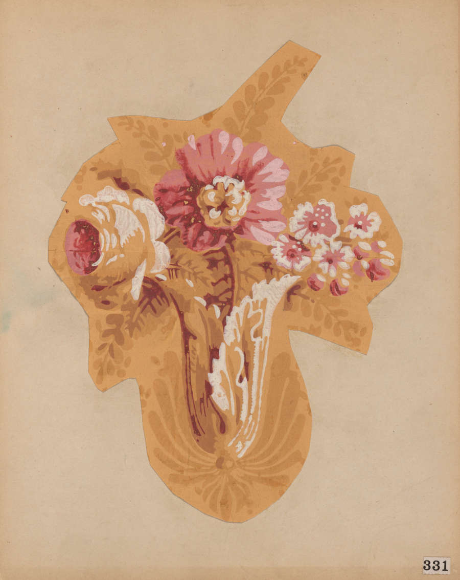 Decorative bouquet with vibrant pink, white, and red flowers surrounded by a thick yellow outline, set against a beige background.