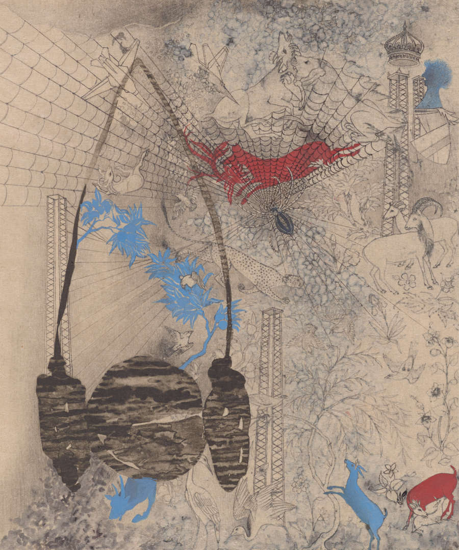 Illustrations of towers, planes, and wildlife spread across the page. From the upper center radiates a graphite web created by a spider. On the left is a dark, organic shape.