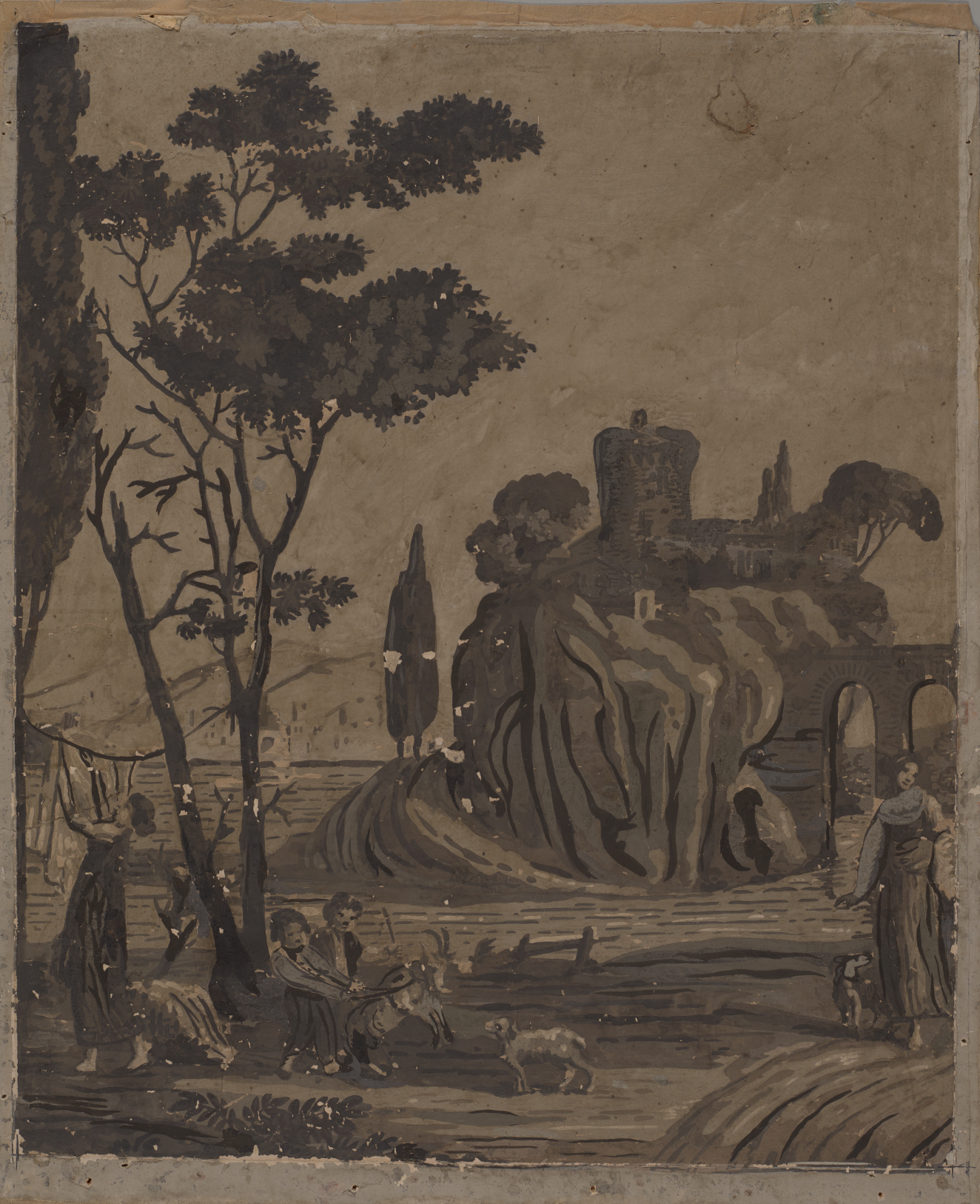 Aged, brown print of various aged figures performing household chores on a winding hilltop with trees. The older figures hang laundry and tend the fields and younger figures comb goats.