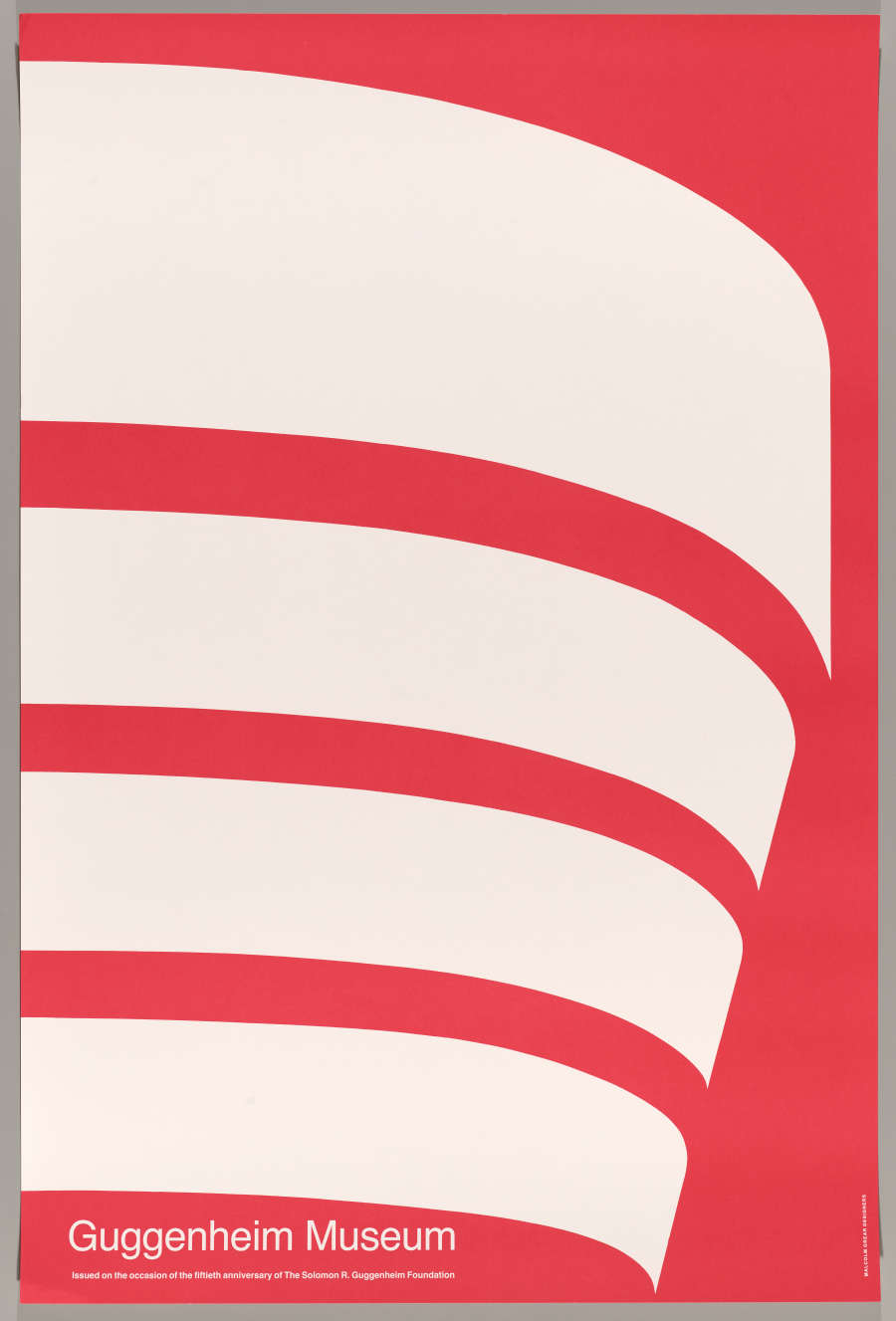A graphic of stacked white curves set against a vibrant red background, representing the Guggenheim Museum’s architecture, with white text at the bottom: “Guggenheim Museum.”