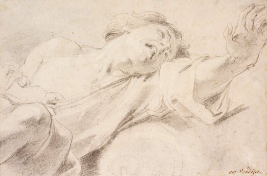 A black chalk study of Malchus and the apostle Peter. An anguished Malchus stretches rightward as he fights against Peter’s outreached hand, which appears from off sheet on the left.