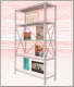 A wireframe bookshelf sketched in a red grid perspective space, holding various images including pink flowers, a couple, a book cover, and a scene of two people fighting. 
