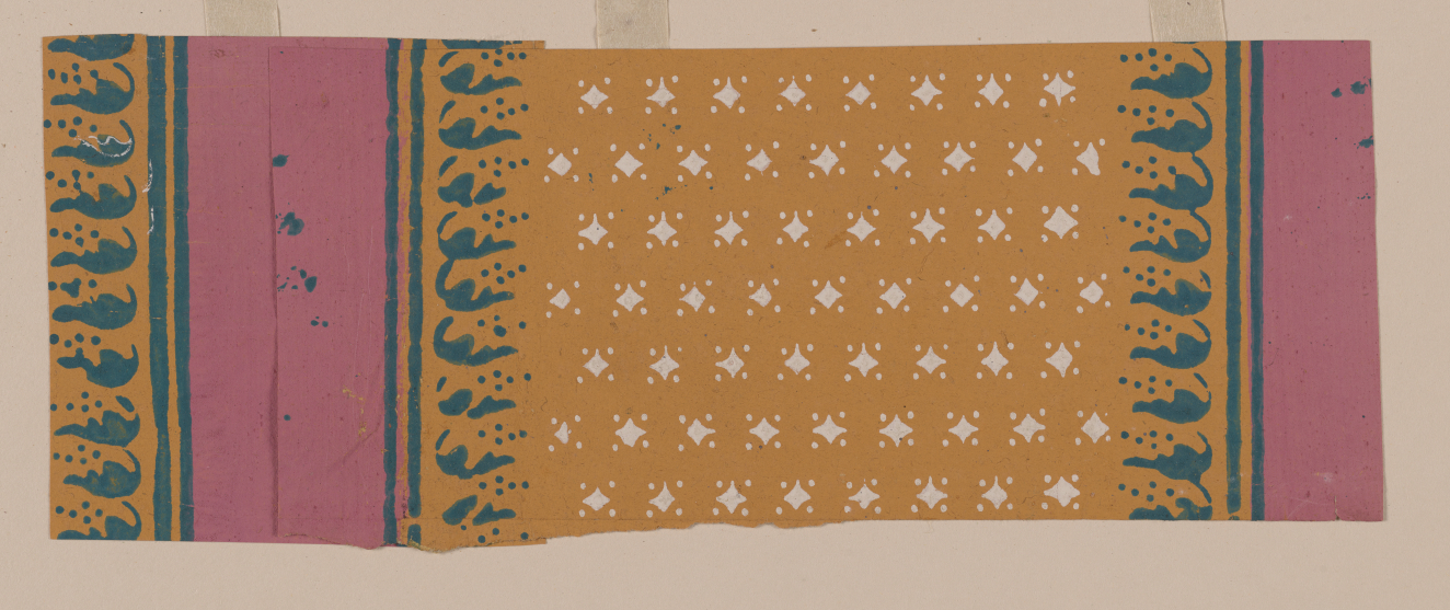 Horizontal strip depicting a pattern of pink stripes between large yellow sections adorned by white diamond shapes and bordered by teal stripes and teal vertical lines of floral motifs.