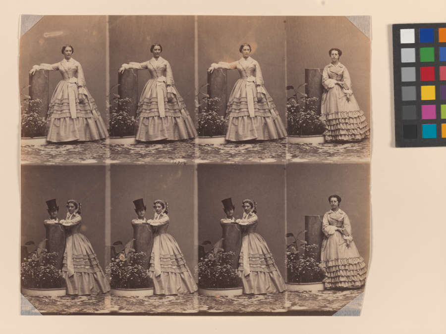 Eight sepia photographs on one sheet. First four show a woman in a dress. Next three show two women dancing (one in top hat). Last photo is a woman alone.