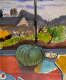 A large green pumpkin sits beside a bowl on an orange table before a window showing a house amid trees beneath a cloudy blue sky, painted with bold, loose brushstrokes. 
