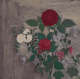 A painting of a dark red rose stands out amongst deep green leaves and white, red, and gray flowers against a watered-down gray background. 