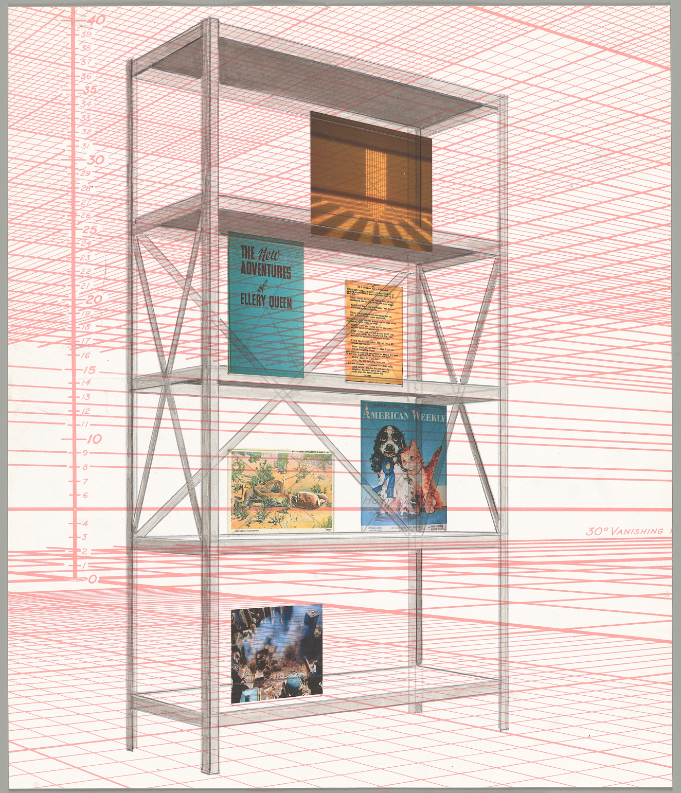 A wireframe bookshelf set against a red perspective grid, including eclectic images of a yellow text document, abstract golden-hued room, book covers, and nature scene.