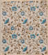 Tan, aged wallpaper of winding olive brown thorny branches and leaves with blue flowers and tiny light and dark blue dots throughout.