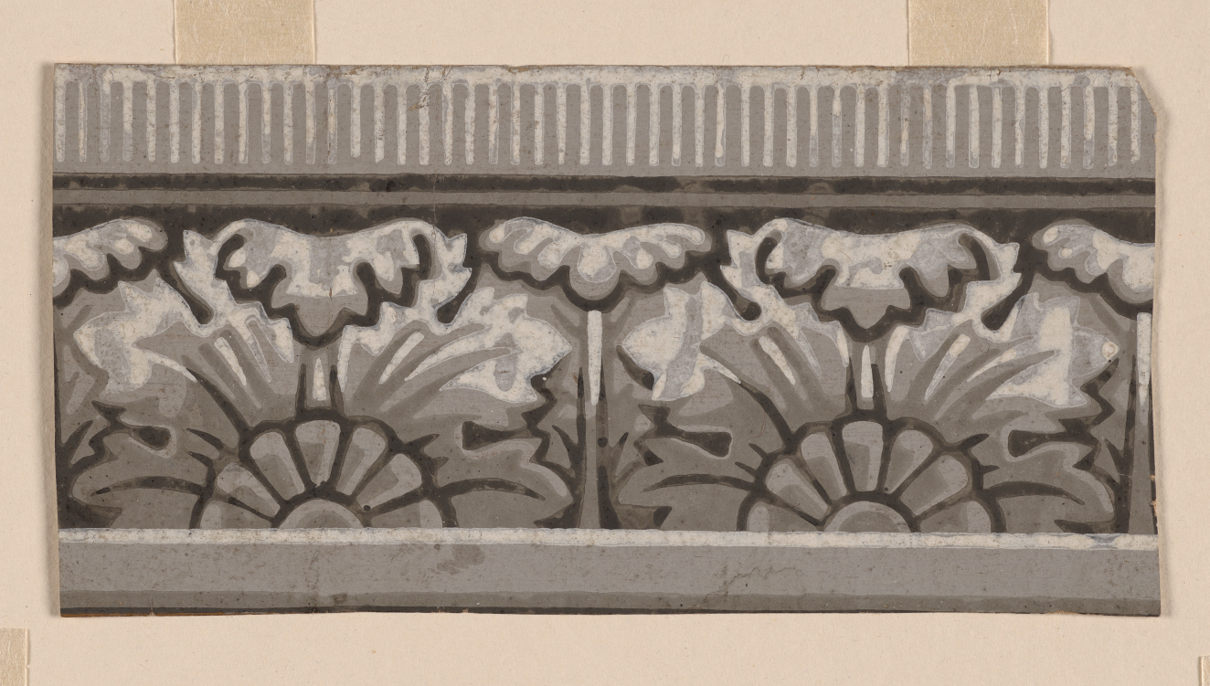 Rectangular painted border design in shades of gray with dark lines imitating carvings. Depicts repeating florals and leaves placed between gray horizontal stripes on the top and bottom.