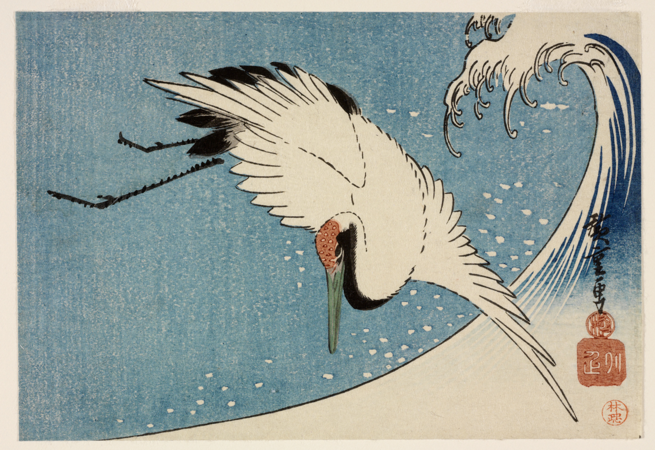 A white crane with outstretched wings, diving against a blue background with a tall, curling wave, and scattered water drops.