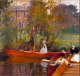 An earthy-toned, riverside scene of a figure in a white dress stepping into a red canoe as others lounge in nearby canoes, with surrounding impressionist-style trees and a distant building.