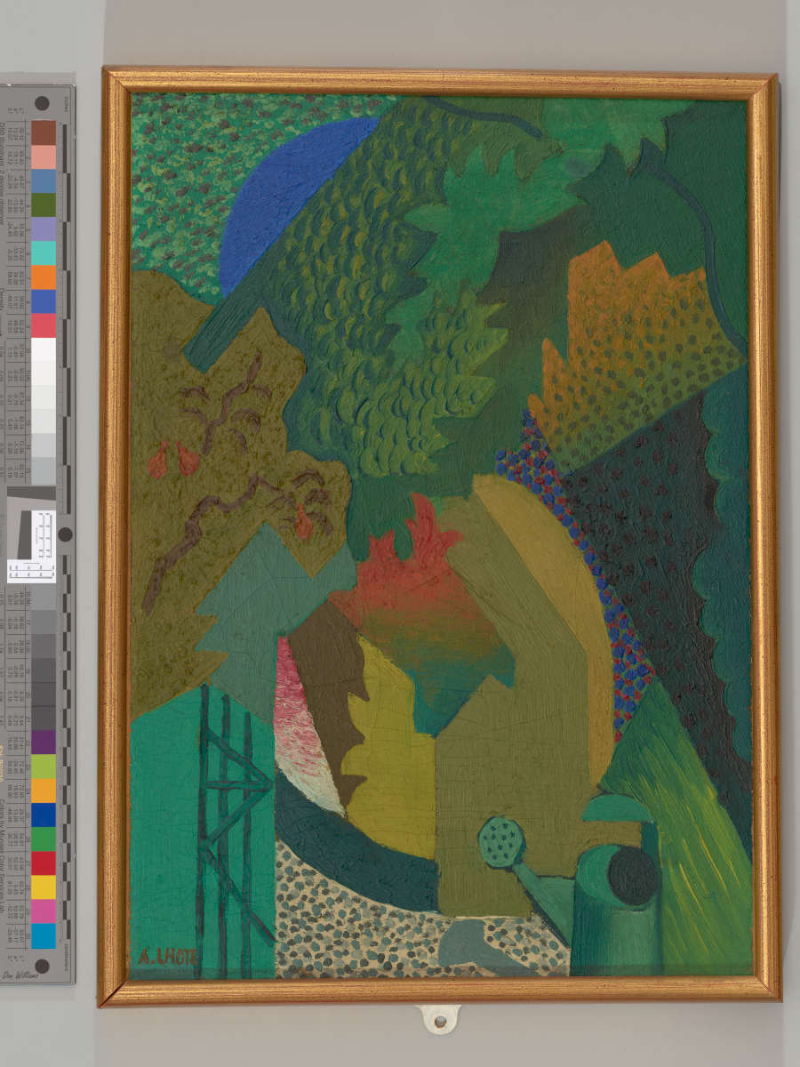 Painting of a green geometrically patterned forest with a green watering can and a sliver of a blue moon. The forest is textured with lighter shades of oranges and yellows.