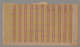 Tan, striped wallpaper with jagged edges, a white sticker with “249” in black text, handwritten text that reads “34.1112 dye,” and three red lines repeated vertically, and multiple yellow lines repeated horizontally.