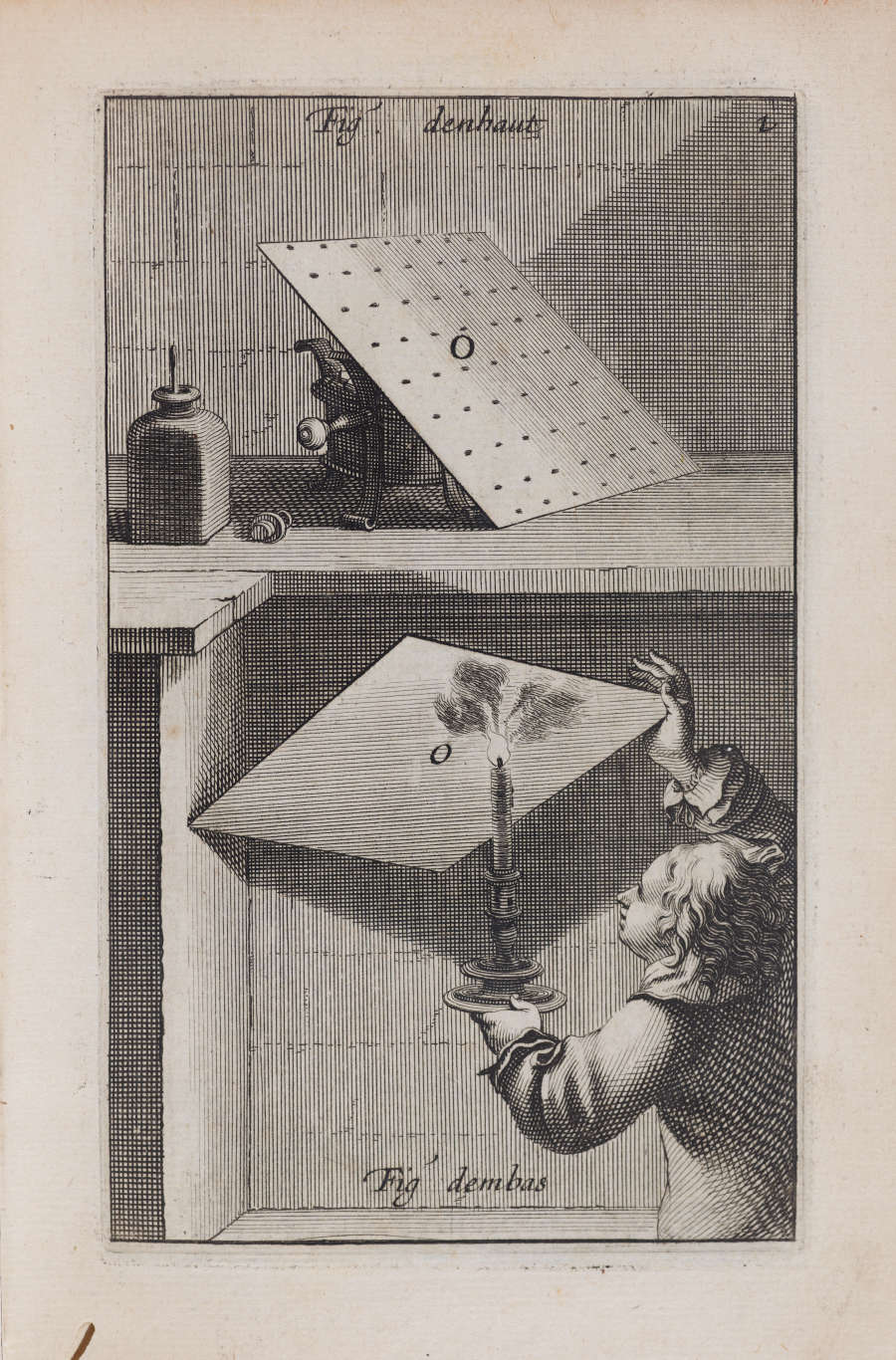 A black and white illustration of a figure holding a candle under a tilted board with small holes, lighting it from below as part of early printmaking methods. 