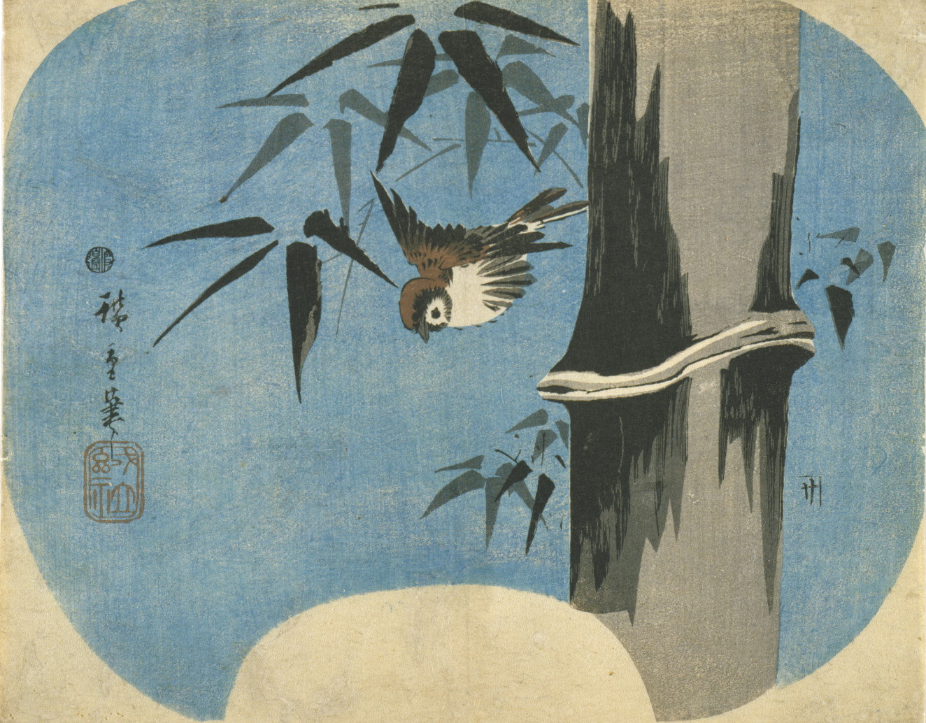 A small bird swooping beside a thick bamboo stalk framed by dark leaves, accented by vertical calligraphy against a blue sky.