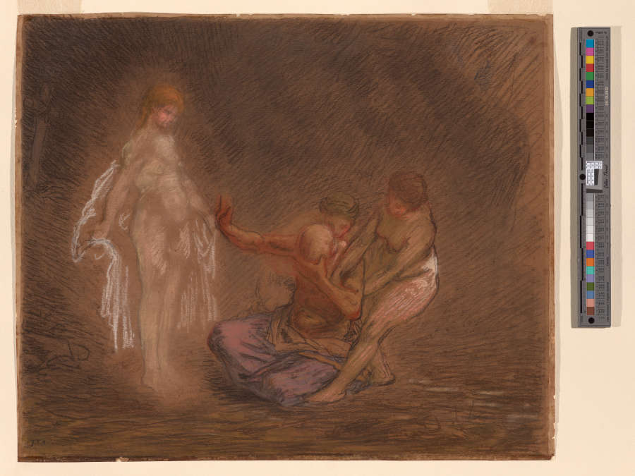 A pastel and chalk drawing of Saint Hilarion seated and covering his eyes as a glowing, nude light-skinned woman disrobes before him and two other women pull at his arms.