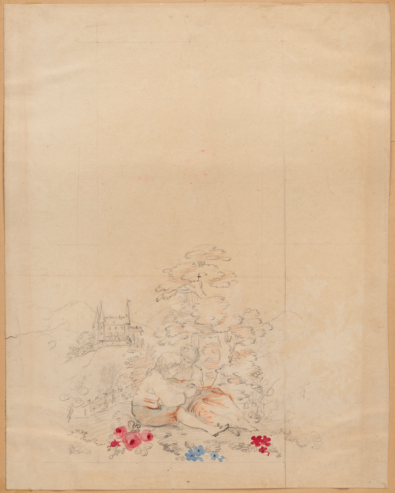 Light graphite sketch of a landscape with a church-like structure in the background and a sketch of a tree with red and blue flowers in the foreground on aged paper.