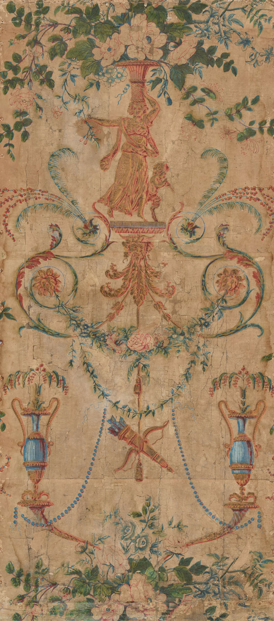 Tall panel of aged wallpaper depicting a central urn motif, surrounded by symmetrical foliage and floral designs, alongside drapery in soft colors. Pattern is set on an yellowed, beige background.