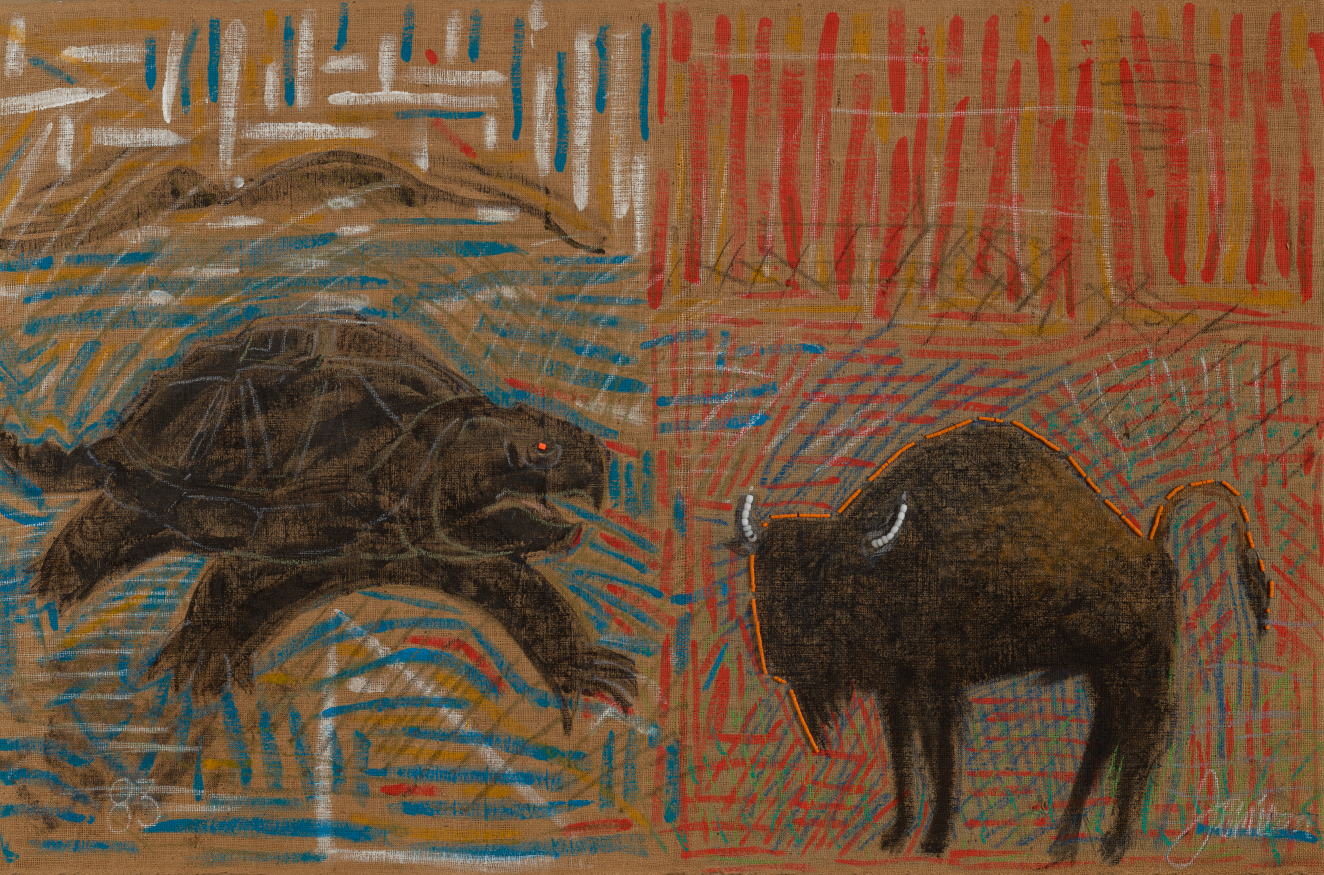 Drawing of a turtle and bison outlined in dark tones against a tan background filled with abstract red, blue, and white scratchy, overlapping lines. 