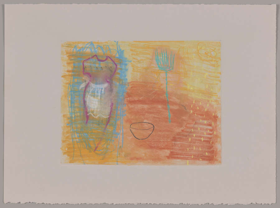 Artwork featuring a crudely outlined pink dress with a white apron, a blue broom-like object pointing upwards, and a bowl set against a scribbly blue, yellow, and orange bricklike background. 