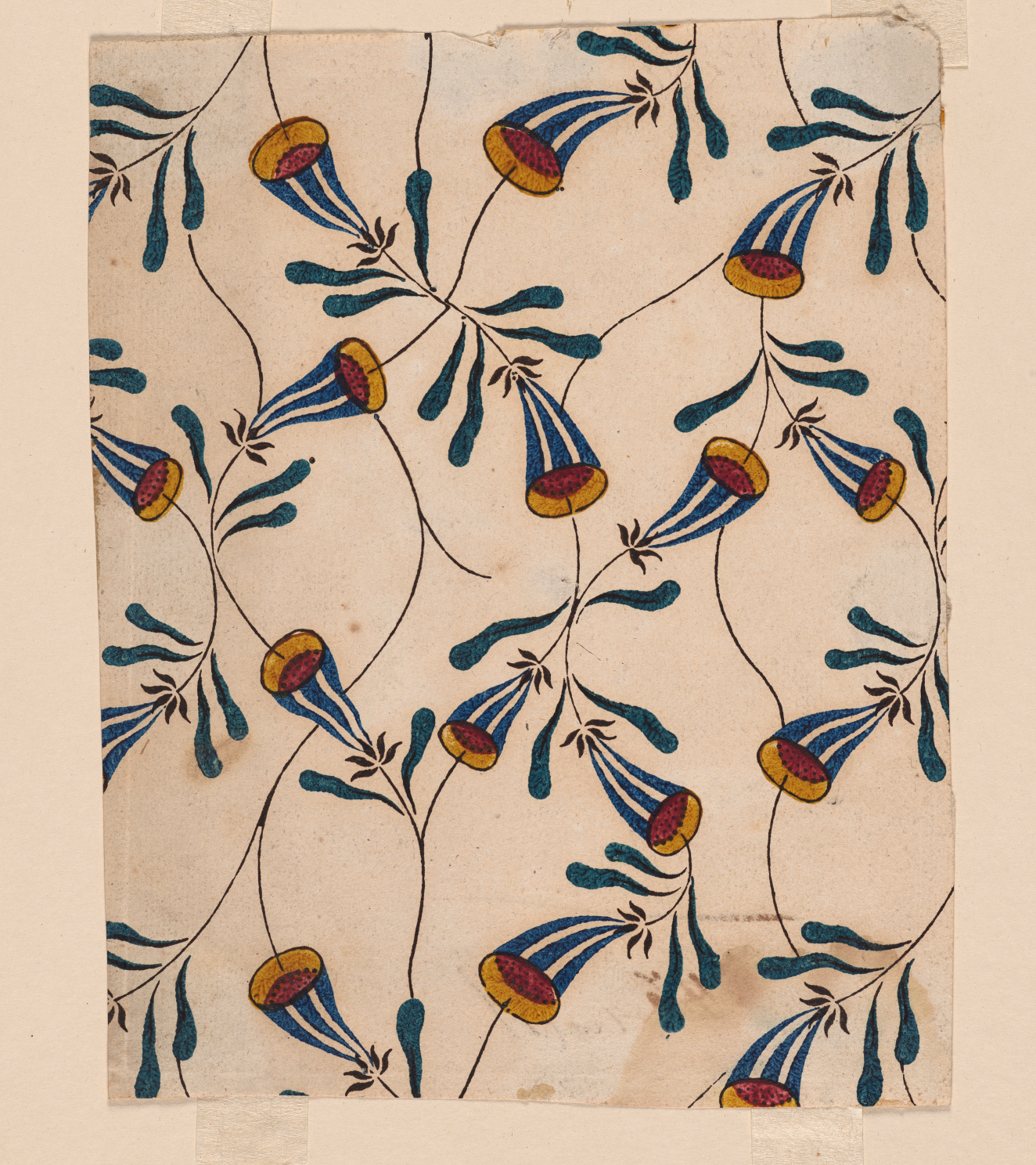 Aged, cream wallpaper containing thin blue stems and oblong leaves with red, yellow, and blue and white striped flowers repeating and overlapping on top of each other throughout.