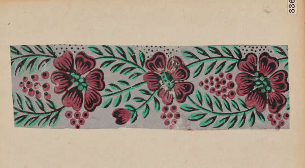 A horizontal band with red flowers, leafy vines, and clusters of red circles on a gray background.