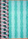 Striped light and dark turquoise wallpaper with white geometric patterning overtop. The left side contains a pink ribbon wrapping around a leaf garland and two brown embellished vertical lines.