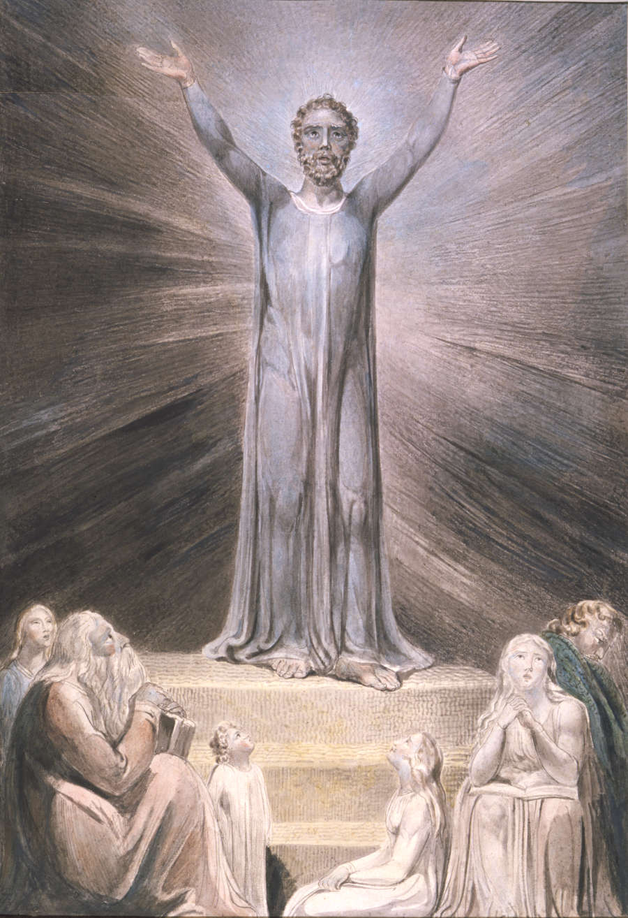 A muted painting of Saint Paul standing on an alter with his arms extended wide open in a moment of exaltation, dramatized by fine lines of black ink and watercolor.
