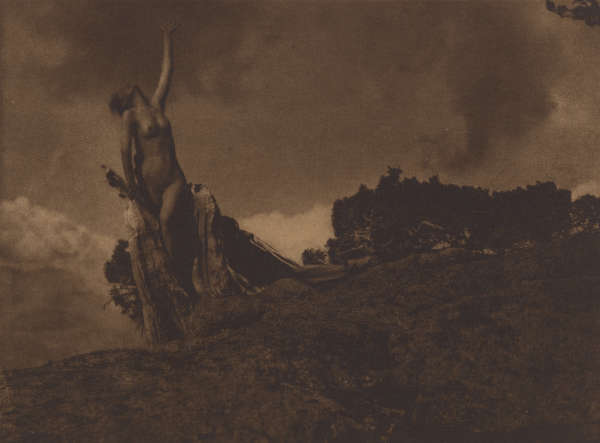 A dark image depicting a nude figure reaching skyward standing on a twisted tree trunk, with dark clouds rolling in the background.