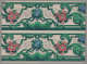 Two identical borders of intricate pink and blue floral patterns framed by green vine-like and leafy forms on a cream background with faint gray leafs.