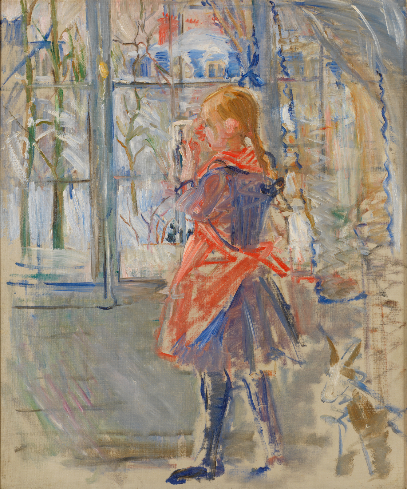 A young girl in a red scarf over a blue dress gazes through a window out into a snowy scene.