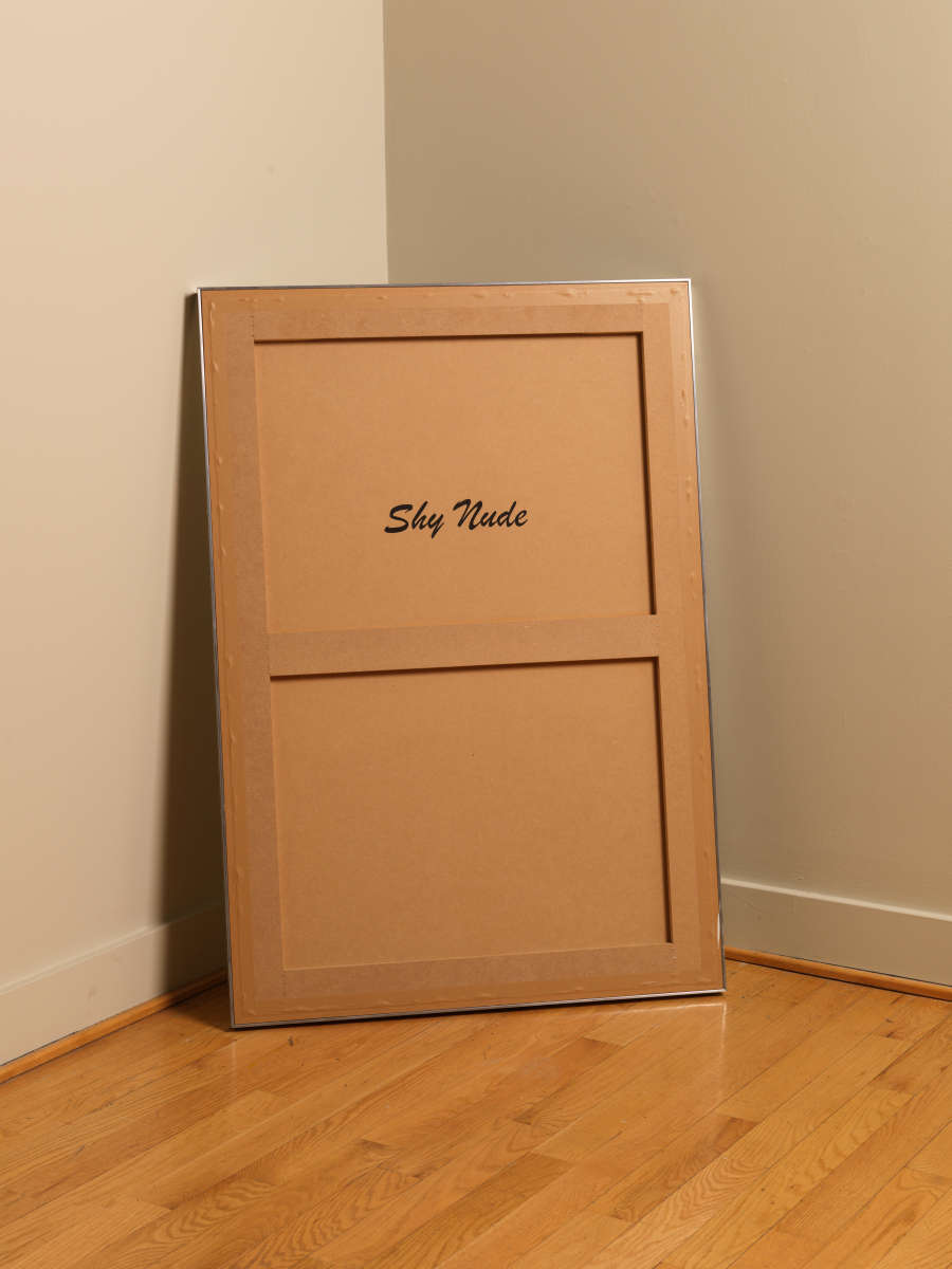 Back of a framed panel leaning against a corner of a room, "Shy Nude" is written across the back in large print in a cursive font.