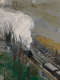 Billowing white steam pouring out of a dark gray train traveling through the rain beside a muddy river, surrounded by bare trees, vivid green grass, and yellow-brown soil.