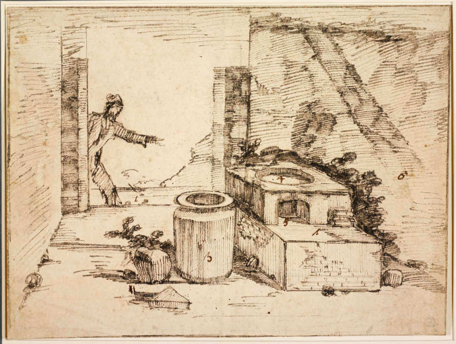 A reed pen and black ink drawing of the interior of a tavern in Pompeii. A figure peers in the doorway at the ruins of the stone vats and bar.