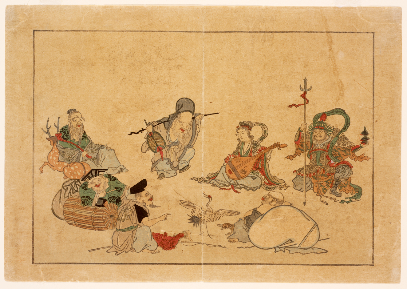A lightly colored woodblock print of seven figures sitting in a circle. They are being entertained by a dancing crane and a turtle.