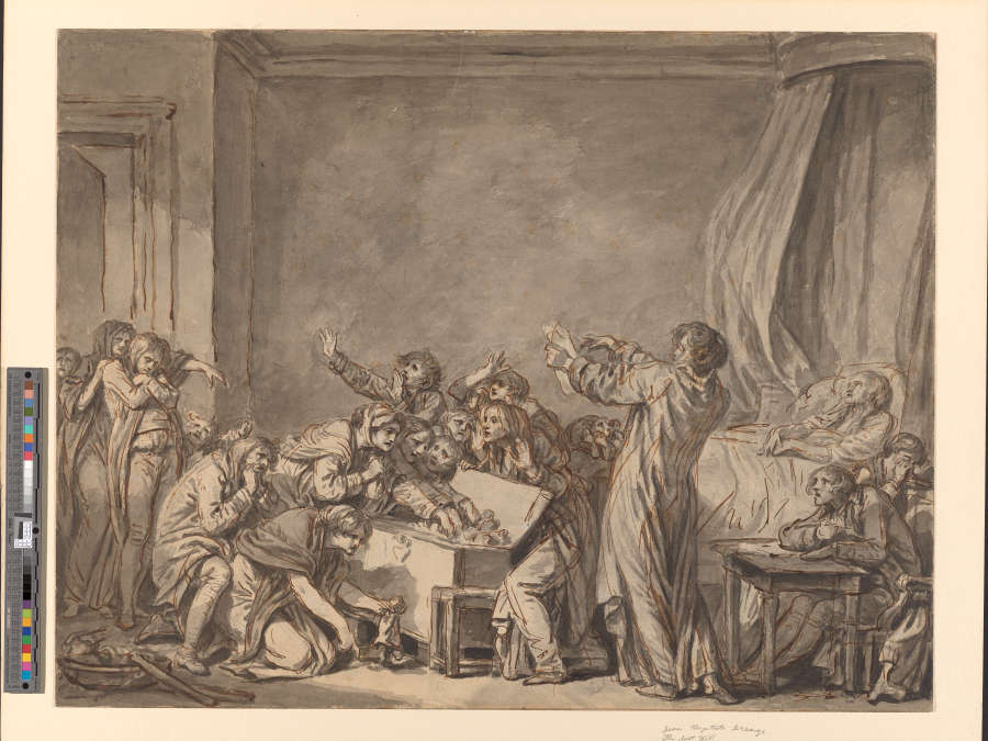 A pen and ink and drawing of a deceased man's will being opened. Beside the deceased, one man reads off a paper as others fight for his possessions in anguish.