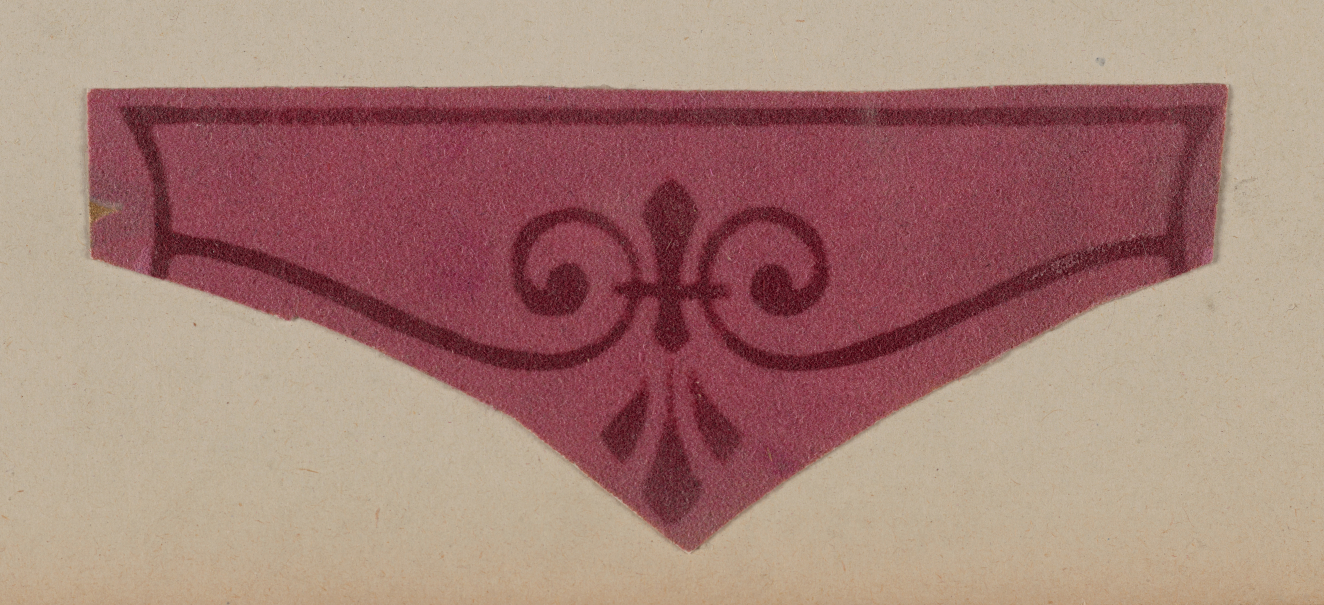Triangular pink ornamental motif on a neutral backdrop with swirling details pulling into the center connected by a small thin vertical shape above three teardrops.