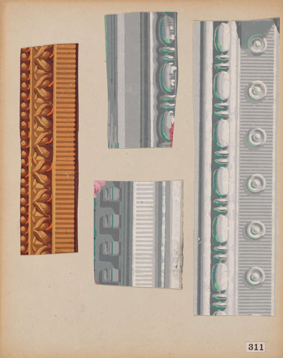 Four decorative border samples, horizontal. One is a bronze strip with floral patterns, with  the other three being made up of white and gray shaded geometric and beaded designs.