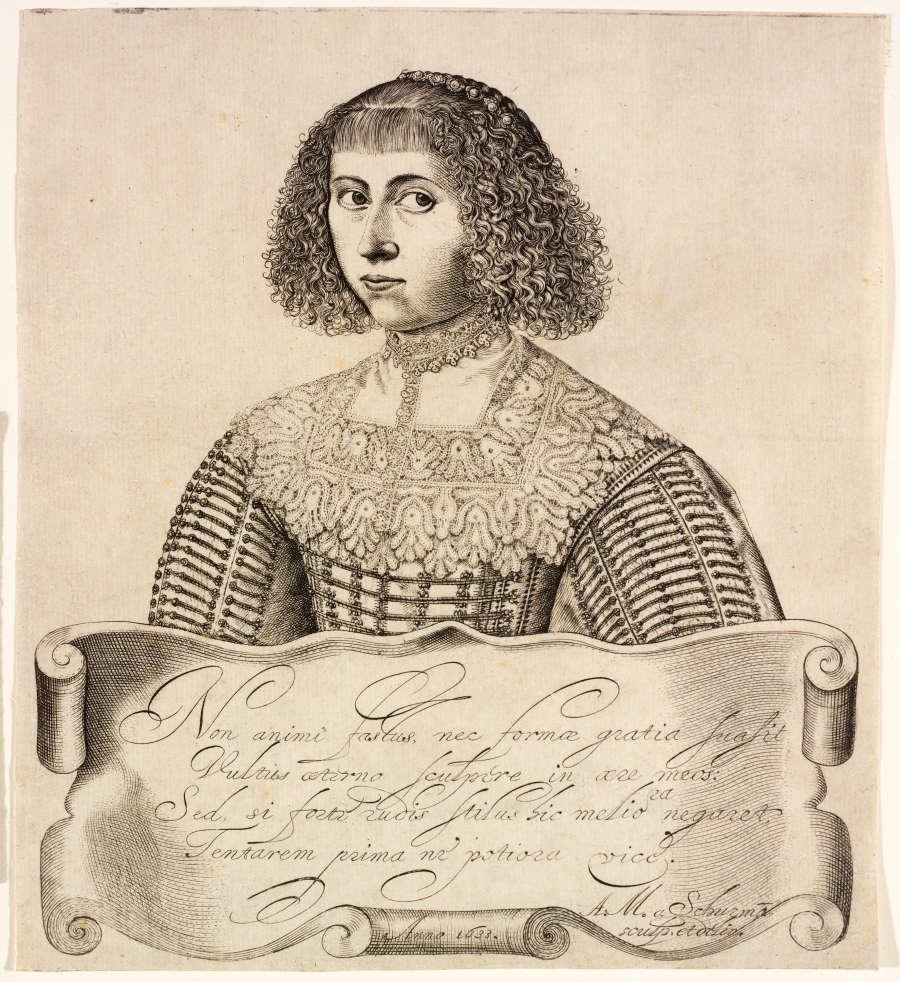 A black and white portrait of a figure dressed in 17th century attire, and shoulder length curled hair framed by a banner with elegant Latin script along the bottom edge.